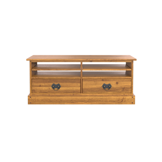 A honey-colored Garrat 2 Drawer TV Unit with two closed drawers and an open shelf, made of wood, against a white background.