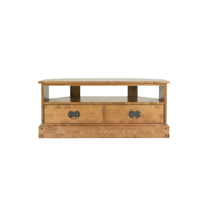 A honey-colored wooden 2-drawer corner TV unit with open shelves above the drawers.