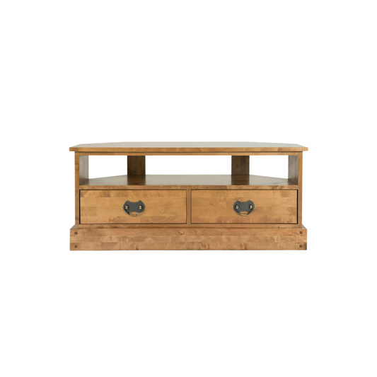A honey-colored wooden 2-drawer corner TV unit with open shelves above the drawers.