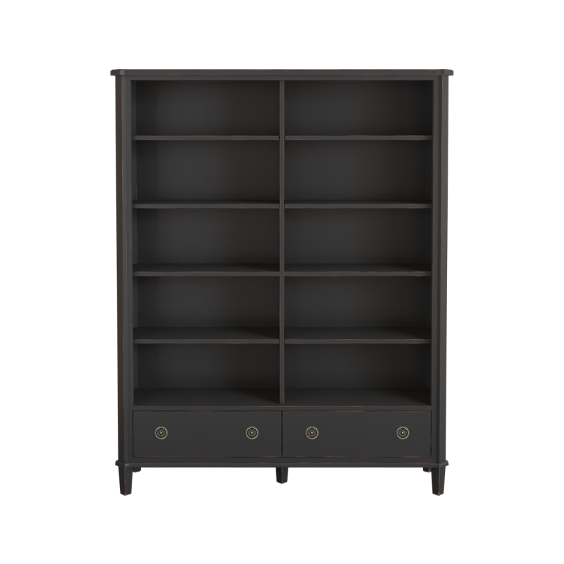Black bookcase with multiple shelves and two drawers on a white background
