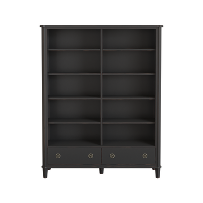 Black bookcase with multiple shelves and two drawers on a white background