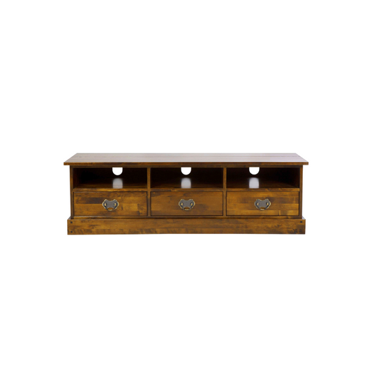 A dark chestnut brown 3-drawer wide TV unit with visible wood grain and vintage handles.