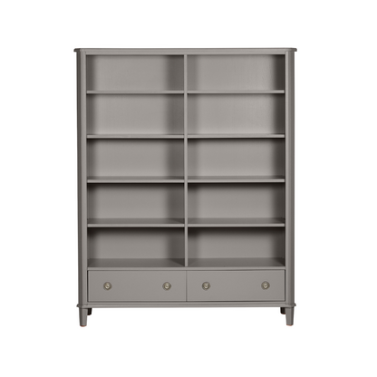 Dark grey double bookcase with multiple shelves and two drawers on a white background
