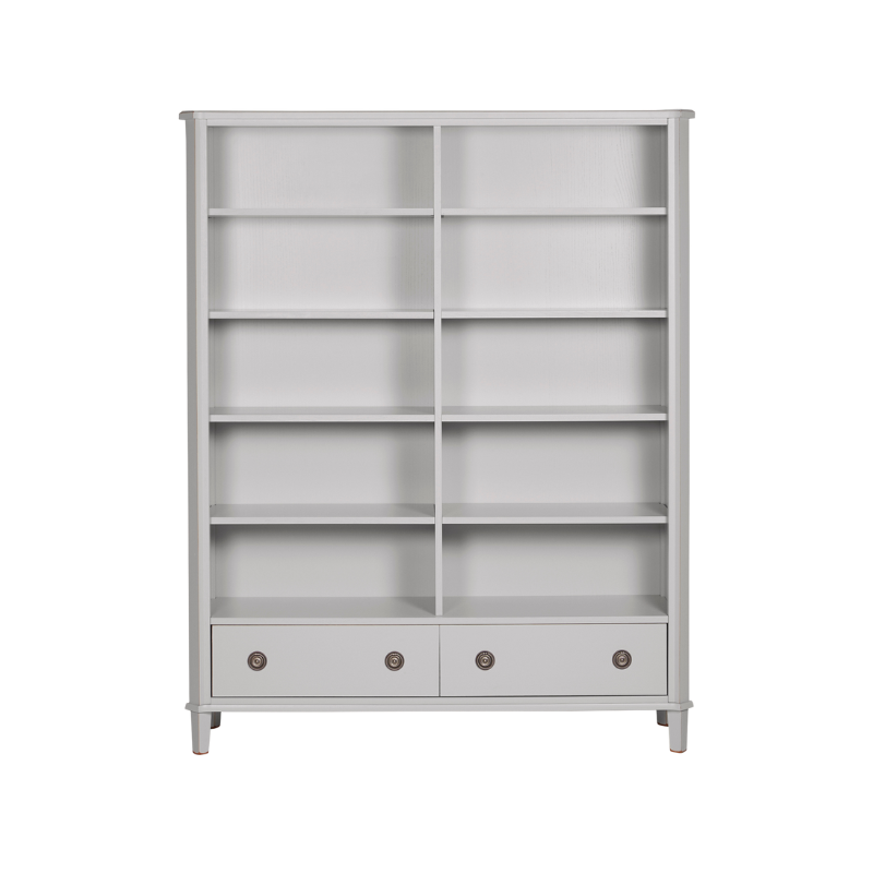 Light grey bookshelf with multiple shelves and two drawers on a white background