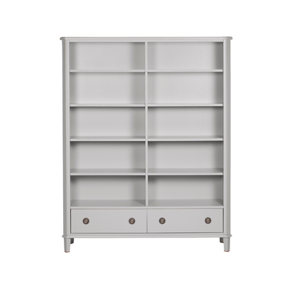Light grey bookshelf with multiple shelves and two drawers on a white background