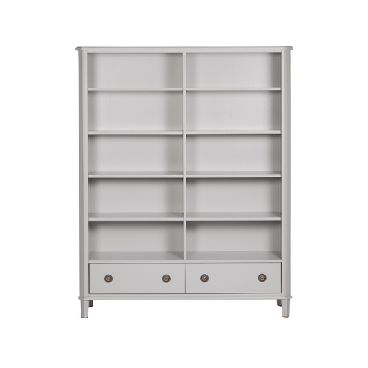Light grey bookshelf with multiple shelves and two drawers on a white background