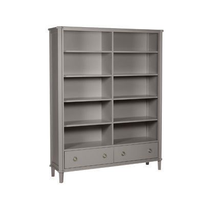 Left-hand corner view of a dark grey double bookcase with multiple shelves and two drawers on a white background