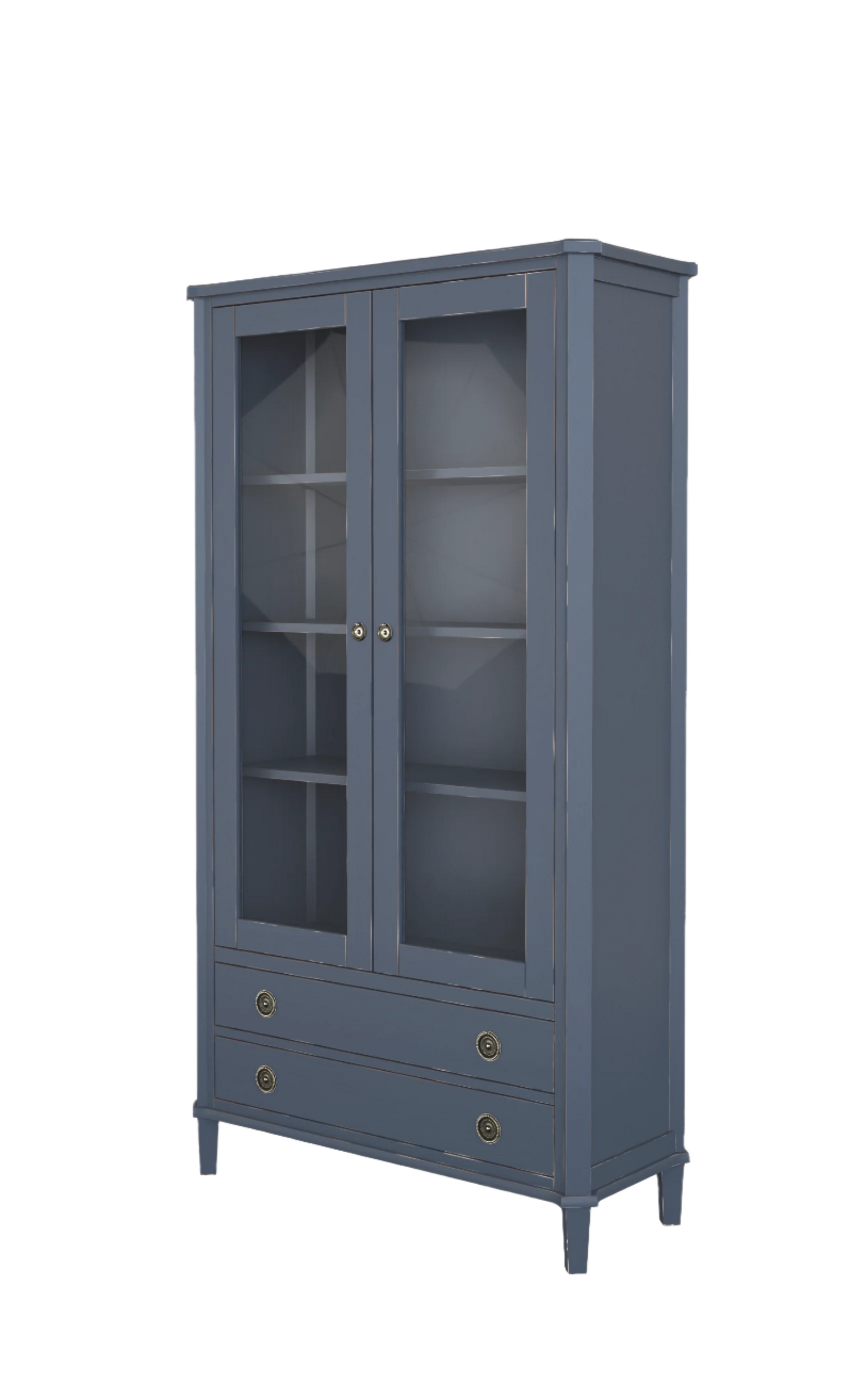 Blue cabinet with glass doors and drawers on a white background