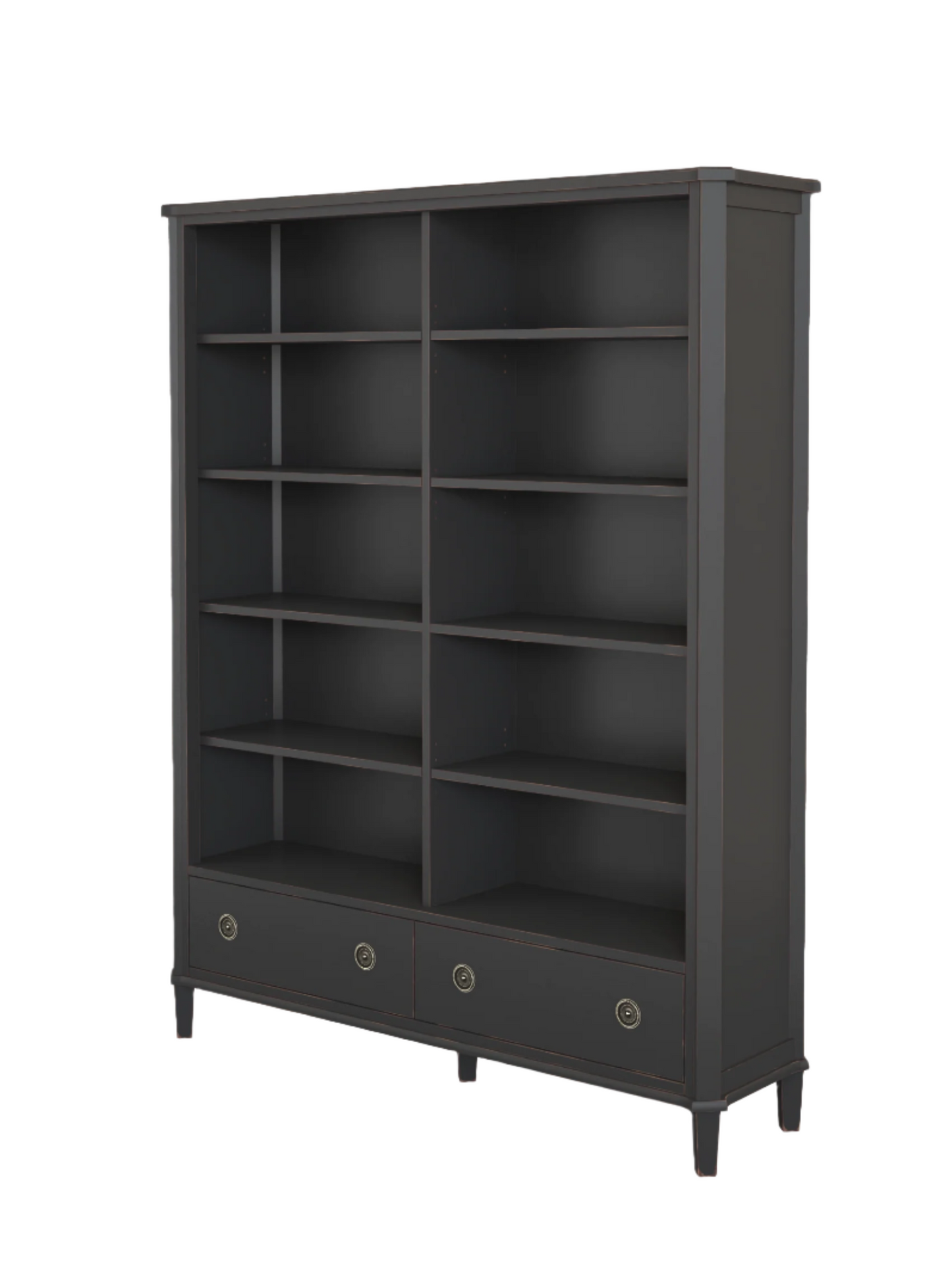 Right-hand corner view of a black bookcase with multiple shelves and two drawers on a white background