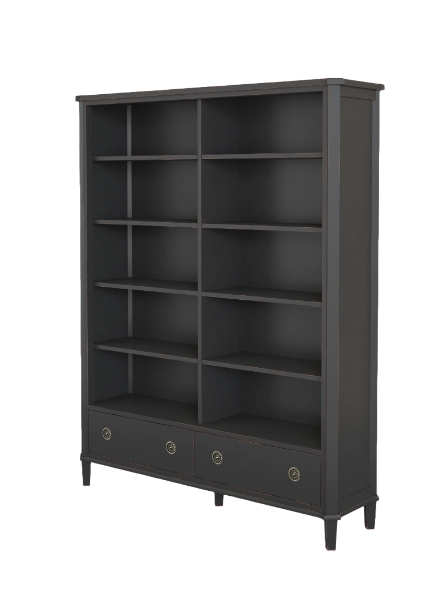 Right-hand corner view of a black bookcase with multiple shelves and two drawers on a white background