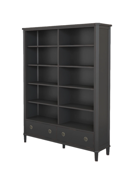 Right-hand corner view of a black bookcase with multiple shelves and two drawers on a white background
