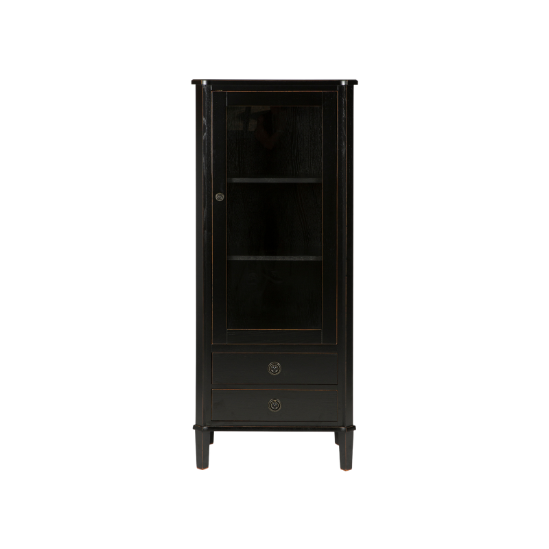 Black glass-fronted cabinet with a drawer on a white background