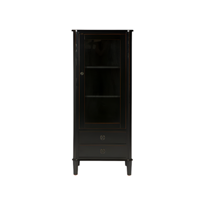Black cabinet with glass door and drawer on a white background