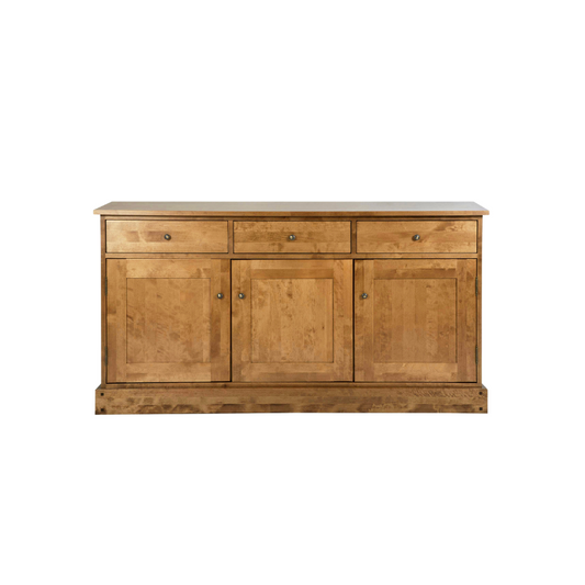 A honey-colored wooden sideboard with three doors and three drawers.