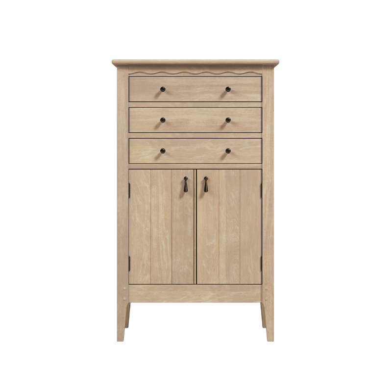 A beige oak wood cabinet with two doors and three drawers, the cabinet stands upright on a white background.