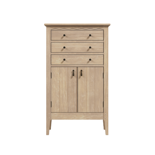 A beige oak wood cabinet with two doors and three drawers, the cabinet stands upright on a white background.