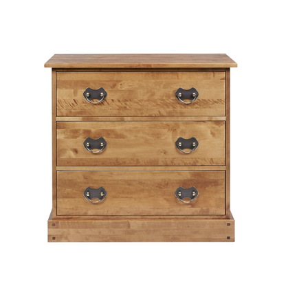A honey-colored wooden 3-drawer chest with metal handles.