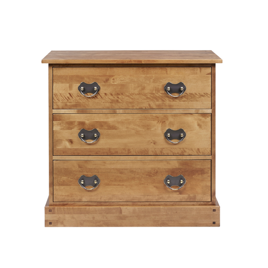 A honey-colored wooden 3-drawer chest with metal handles.