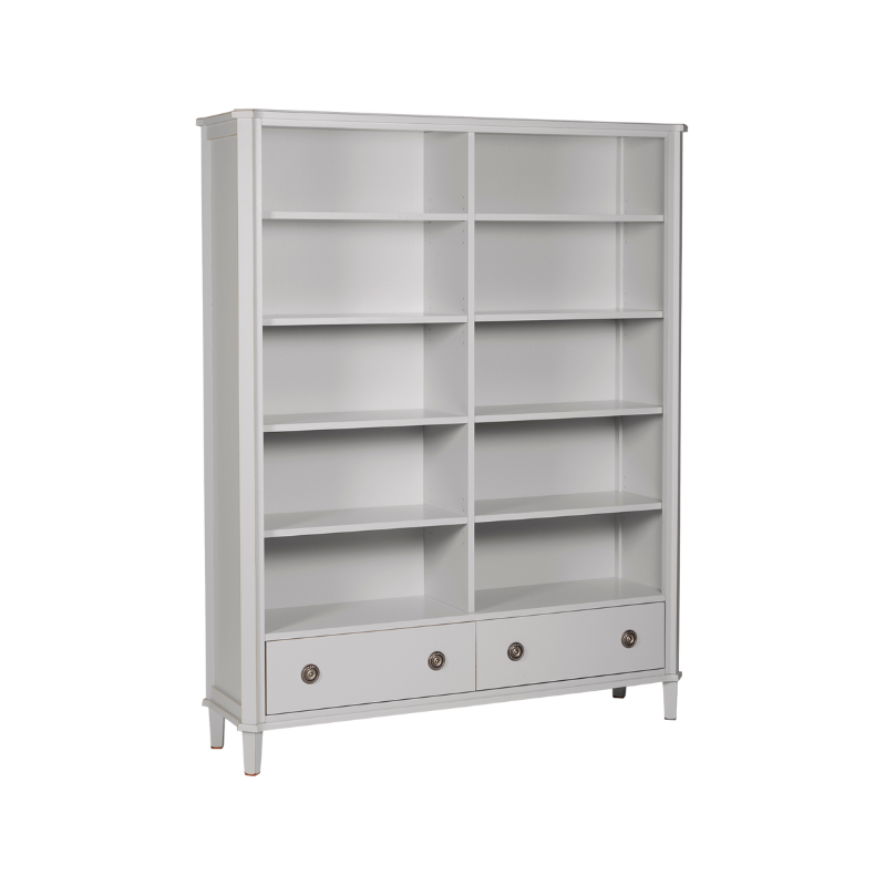 Left-hand corner view of a light grey bookshelf with multiple shelves and two drawers on a white background