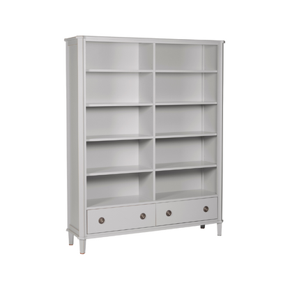 Left-hand corner view of a light grey bookshelf with multiple shelves and two drawers on a white background