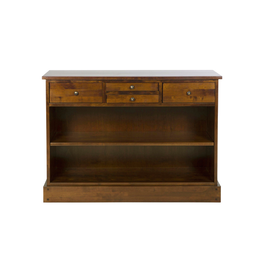 A dark chestnut wooden console table with four drawers and two open shelves.