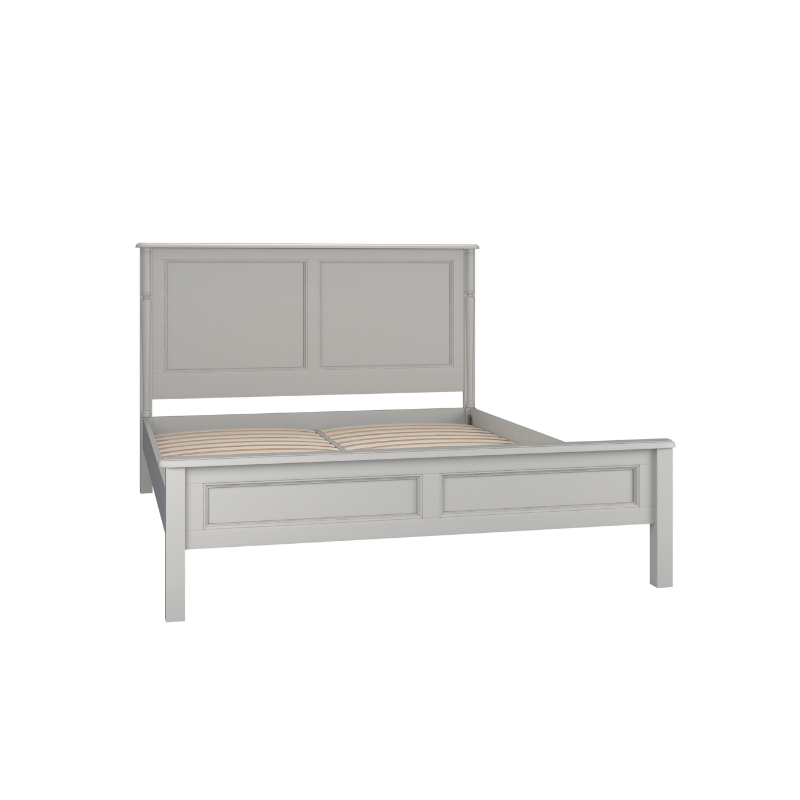 A left-hand corner angle of a Dove grey wooden bed frame with a headboard and footboard, in a plain style with no visible bedding or additional accessories.