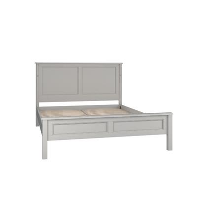 A left-hand corner angle of a Dove grey wooden bed frame with a headboard and footboard, in a plain style with no visible bedding or additional accessories.