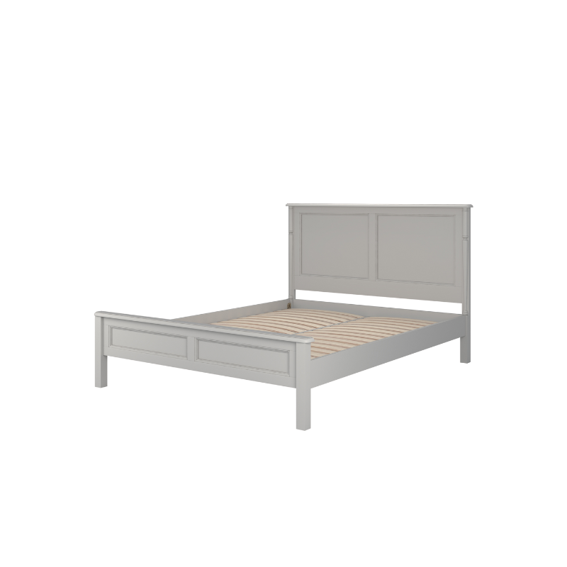 A right-hand corner angle of a Dove grey wooden bed frame with a headboard and footboard, in a plain style with no visible bedding or additional accessories.