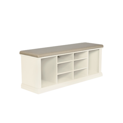 A left-hand corner view of a white shoe storage bench with multiple compartments and a cushioned seat on a plain background.
