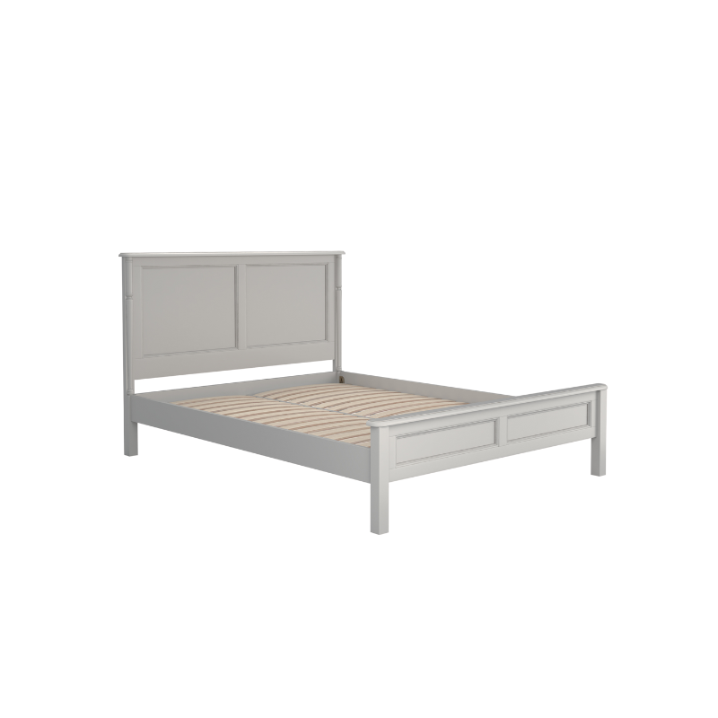 A left-hand corner angle of a Dove grey wooden bed frame with a headboard and footboard, in a plain style with no visible bedding or additional accessories.