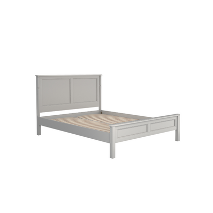 A left-hand corner angle of a Dove grey wooden bed frame with a headboard and footboard, in a plain style with no visible bedding or additional accessories.