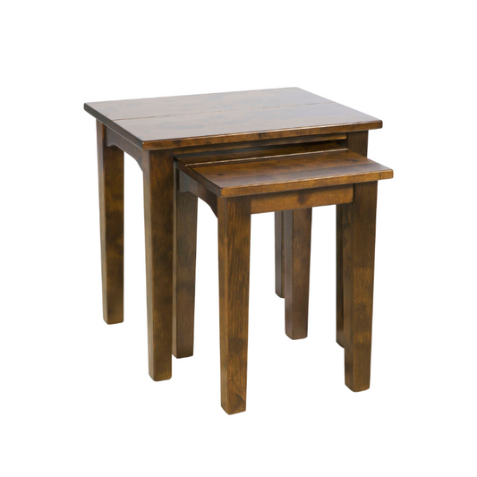 A set of two nesting tables in dark chestnut color, with the smaller table placed under the larger one.
