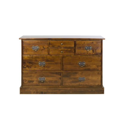 A Garrat 4+4 Drawer Chest in Dark Chesnut with metal handles, featuring eight drawers and a flat top.