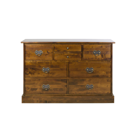 A Garrat 4+4 Drawer Chest in Dark Chesnut with metal handles, featuring eight drawers and a flat top.