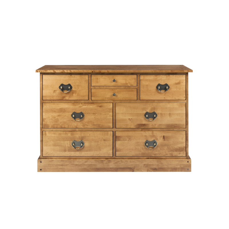 A honey-colored wooden drawer chest with eight drawers, featuring a traditional design with metal handles.