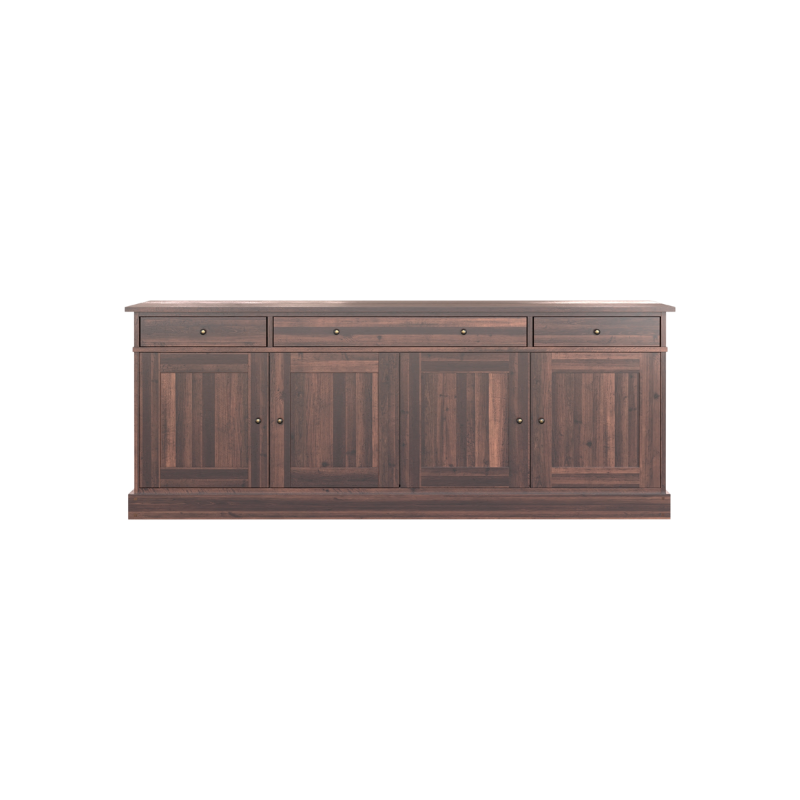 A large brown, wooden sideboard with four doors and three drawers.