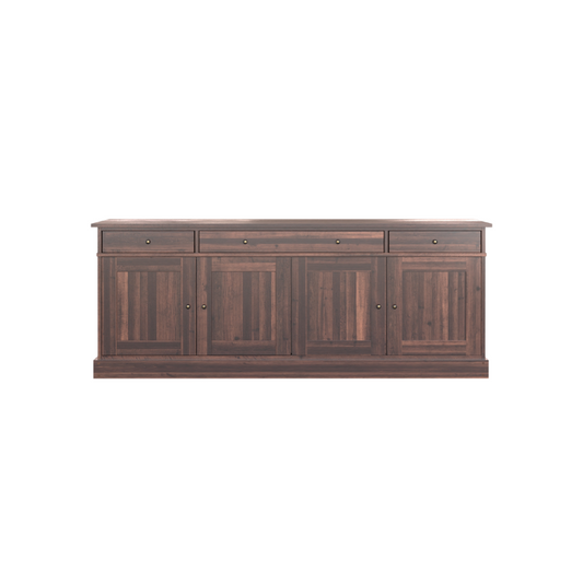 A large brown, wooden sideboard with four doors and three drawers.