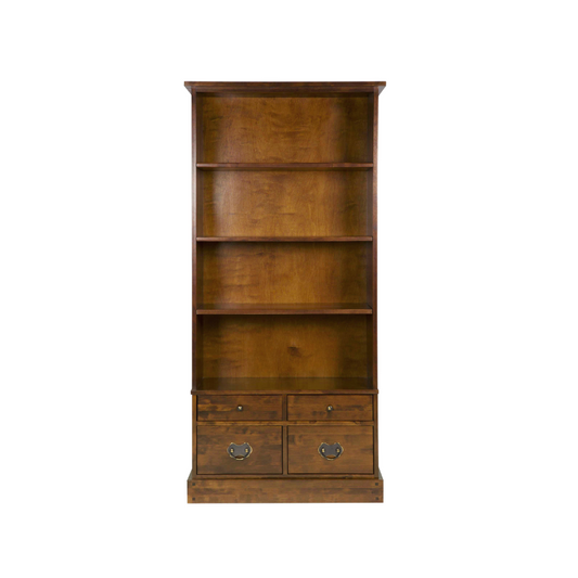 A dark chestnut wooden bookcase with four shelves and four drawers.