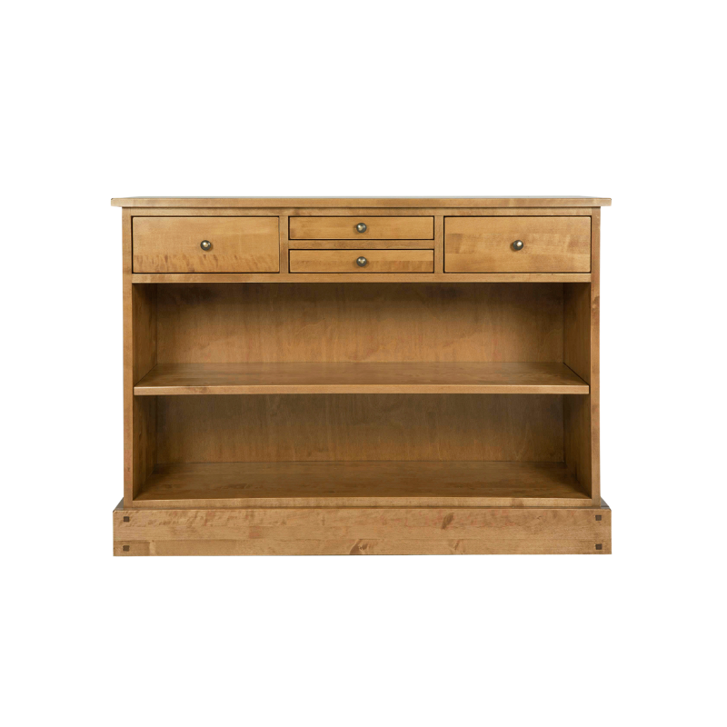 A honey-colored wooden console table with four drawers and open shelves.