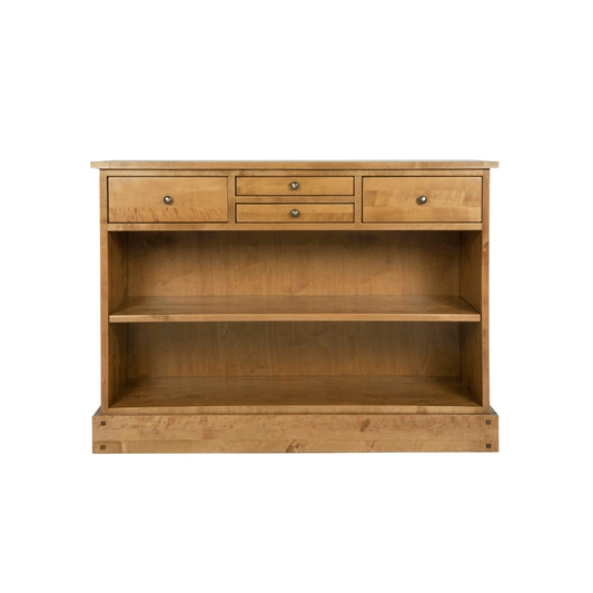 A honey-colored wooden console table with four drawers and open shelves.