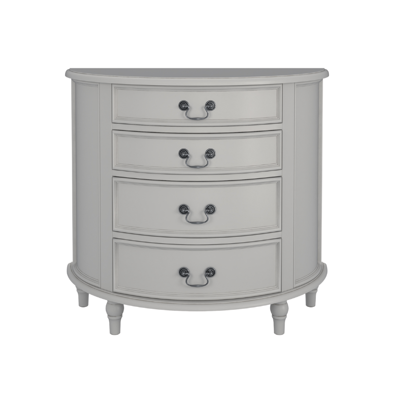 A dove grey 4-drawer half moon chest of drawers with a curved front and traditional metal handles.