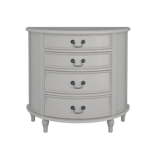A dove grey 4-drawer half moon chest of drawers with a curved front and traditional metal handles.