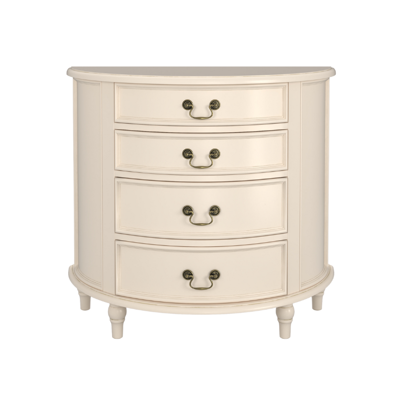 An Ivory coloured half moon chest with four drawers and vintage styling.
