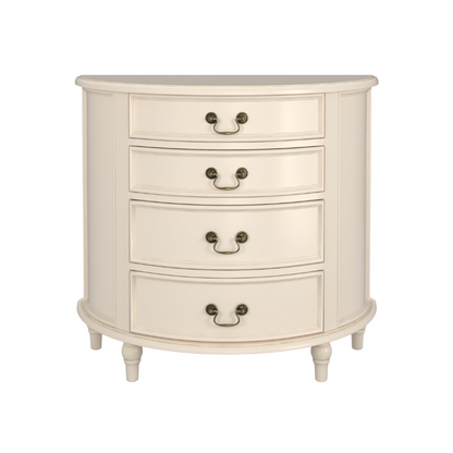 An Ivory coloured half moon chest with four drawers and vintage styling.