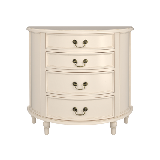 An Ivory coloured half moon chest with four drawers and vintage styling.