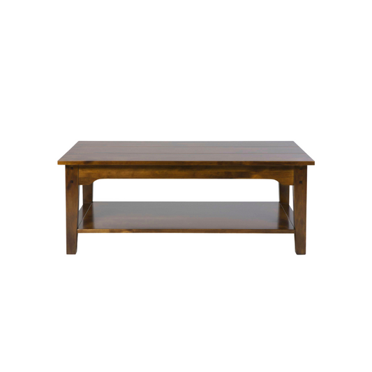 A rectangular coffee table with a dark chesnut finish and a lower shelf, made of oak wood.