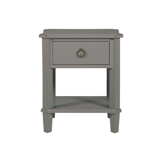 Gray end table with a drawer on a white background