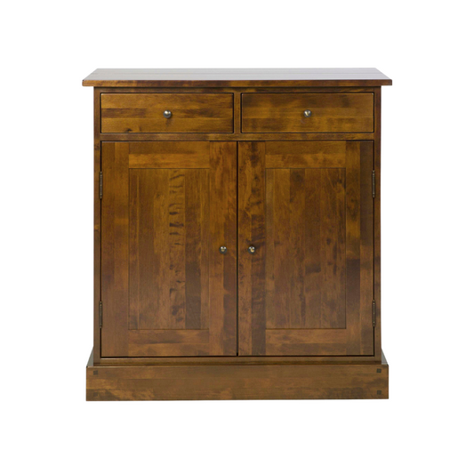 A narrow sideboard with two doors and two drawers, crafted from wood with a brown finish.