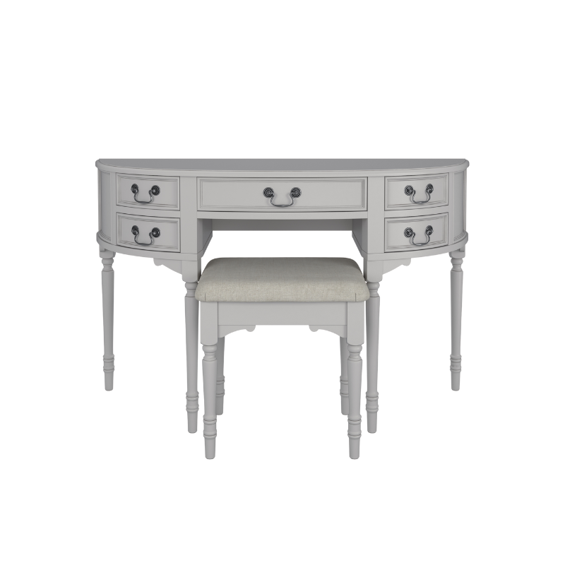 A Clifton Dove Grey 5 Drawer Dressing Table with a stool set in front of it. The table is large with multiple drawers and the stool is cushioned.