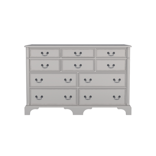 A dove grey Laura Ashley Clifton 6+4 drawer chest with traditional design.